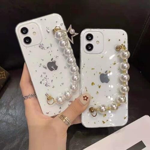 For iPhone 7 7plus 8 8plus 11 12 Mini Pro X XR XS Plus Max Luxury Rhinestone Star Pearl Chain Bracelet Flake Soft Phone Case