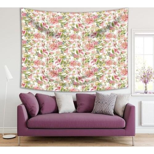 Tapestry Pink Peony Flowers Green Leaves Classic Floral Pattern Watercolor Style Art Printed