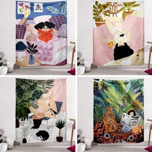 Kawaii Room Decor Background Cloth Hand-painted Illustration Printed Tapestry Decoration Mural Aesthetic Room Decor Tapisserie