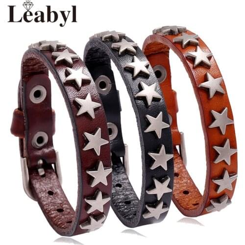 Leabyl Classic Punk Series Star Rivet Cowhide Leather Bracelet for Men Women Child Casual Jewelry Adjustable Vintage Bracelet