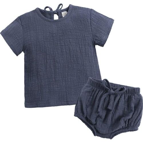 Summer 2PCS Girl Clothes Unisex Linen Solid Cotton Short Sleeve Pure Boy Clothes Sets Casual Ropa Bebe O-Neck