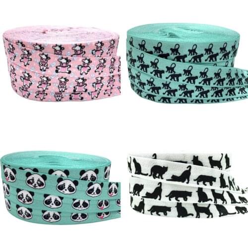 Cat Cow Panda Orangutan Print Fold Over Elastic Animal FOE Ribbon Headwear Party Gift Packing Sewing Home Deor Accessory 10Yard
