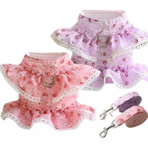 Lace Pets Harness Dog Leash Collar Floral Padded Dog Collars And Harnesses Leash Rope For Small Medium Puppy Cats Girl Princess