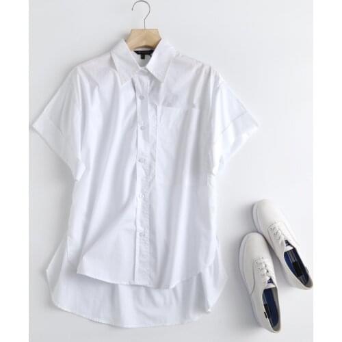 Summer Pure White Womens Shirt Office Ladies Short Front and Back Long Irregular Shirt