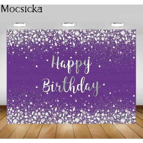 Mocsicka Purple Happy Birthday Backdrops Silver Diamond Glitter Women Fabulous Birthday Party Custom Photo Background Decoration