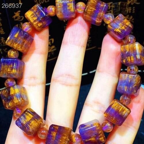 Genuine Natural Cacoxenite Auralite 23 Purple Rutilated Quartz Bracelet 11.5mm Clear Round Cube Beads Bangle Women Men AAAAAA