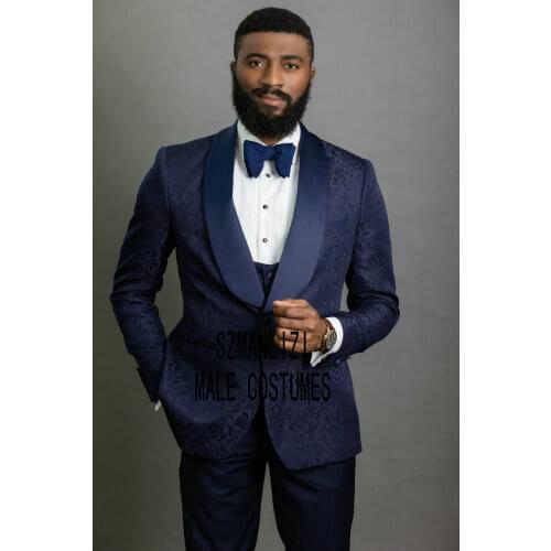 New Groomsmen Tuxedos Navy Blue Jacquard Men Suit Set Groom For Wedding Prom Formal Mens Suits 3 Piece Best Man Blazer 2020