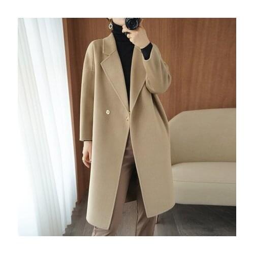 New double-sided cashmere coat in autumn and winter 2021 womens wool fashion temperament closed waist medium and long wool coat