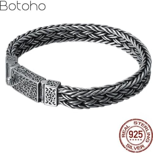 S925 Sterling Silver color Woven Braided Mens Bracelet Wrist Chain Jewelry Fashion Personality Retro Thai Silver Buckle Bracelet