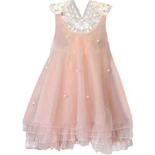 Baby Girls Princess Party Dress Pearl Lace Flower Casual Dress Tulle Sundress 2-8Y