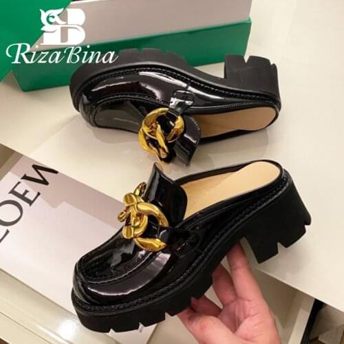 RIZABINA New Fashion High Quality Genuine Leather Sandals Square Toe Thick High Heel Metal Chain Lofers Footwear Size 34-40