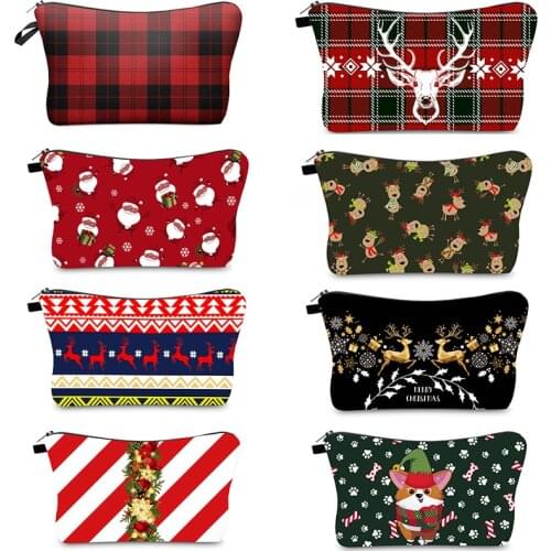 2021 Christmas Women Cosmetic Bag Cartoon Red Plaid Elk Coin Purse Travel Make Up Bag Essential Oil Organizer Handbag Gifts