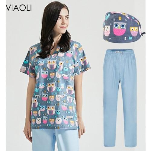 Pet Grooming Institution Spa Uniform Women workwear Beauty Salon Clothes tooth check Scrub Shirt V-neck tops work uniforms shirt