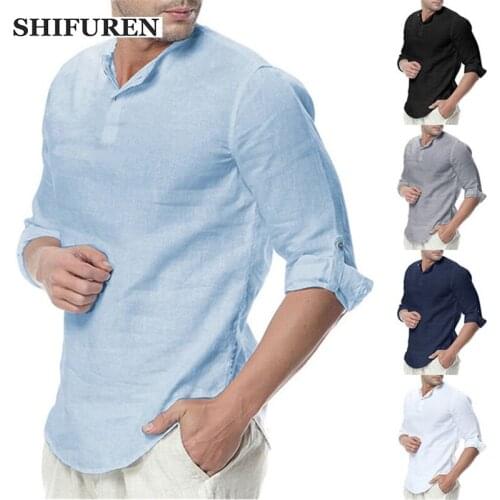 SHIFUREN 2020 New Mens Summer Breathable Cotton Linen Shirts Soft Loose Male Causal 3/4 Sleeve Blouse Tops hombre Size M-XXXL