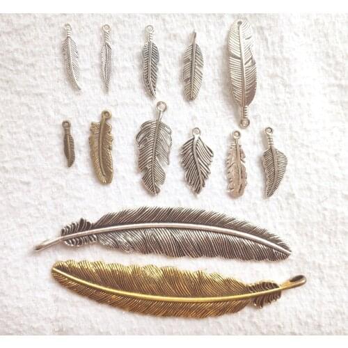 Mix Feather Charm For Jewelry Making Antique Silver Color feather Pendants For Bracelets pretty bird feather Charm