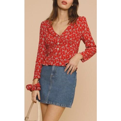Tops Women 2021 Fashion Womens Floral Print Blouses V Neck 3/4 Sleeve Front Button Fitted Ruffle Hem Vintage Elegant Blouse Top