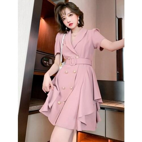 Top Quality Lapel double breasted stitched Ruffle hem short sleeve suit dress new for summer