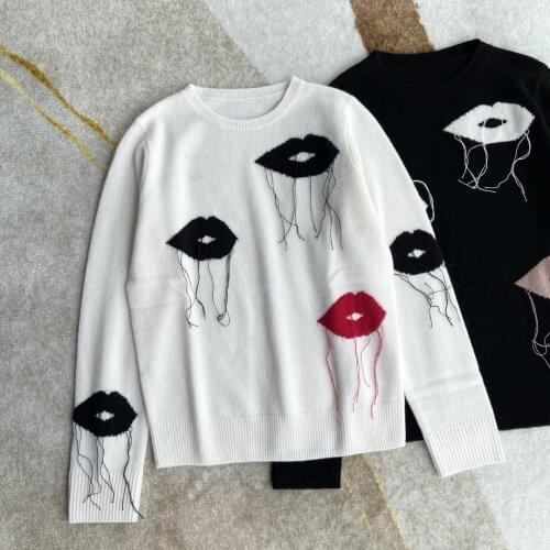Ladies 2021 fashion new long sleeve sexy casual lips fringed cashmere sweater 1023