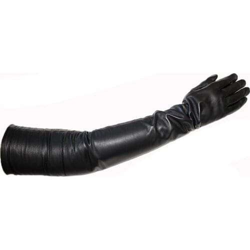 New Womens Super Long Leather Gloves Over Elbow Fashion Black Imported Sheepskin High Quality Mink Leather Touch Screen Gloves