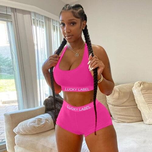 Lucky Label Letter Print Womens Sport Suit Summer U Neck Workout Tank Tops and High Waist Skinny Biker Short Athleisure Outfit