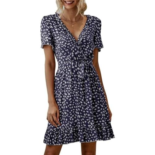 Summer Autumn Beach Mini Dress Women Dot Print Boho Chiffon Dress Ruffles Wrap Casual V-Neck Sexy Party Club Dress Robe 2021