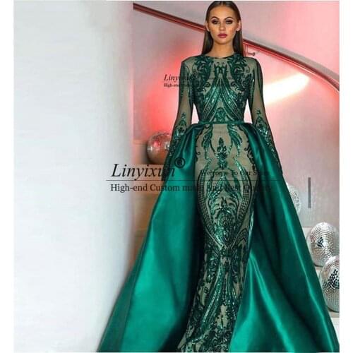 Long Sleeves Elegant Gold Mermaid Lace V Neck Arabic Elegant Evening Dress 2021 with Detachable Skirt Abiye Elbiseleri