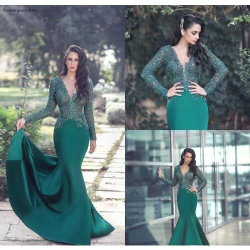 2019 Green Mermaid Evening Dress Appliques Lace Long Sleeves Formal Holiday Wear Prom Party Gown Custom Made Plus Size