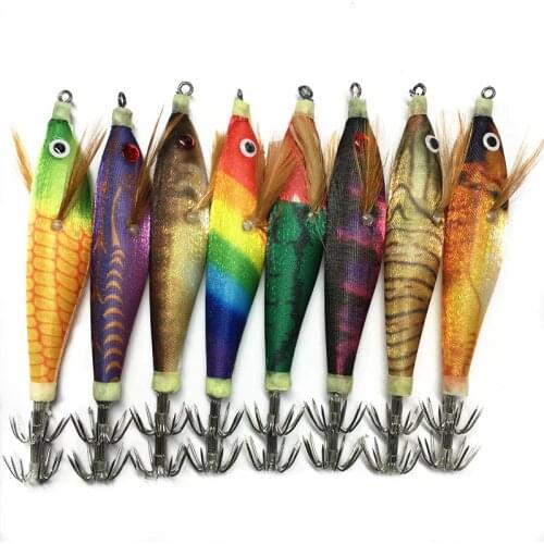8Pcs Luminous Squid Jig Fishing Wood Shrimp Lure 3D Eyes Squid Hook Jigs Octopus Cuttlefish Baits