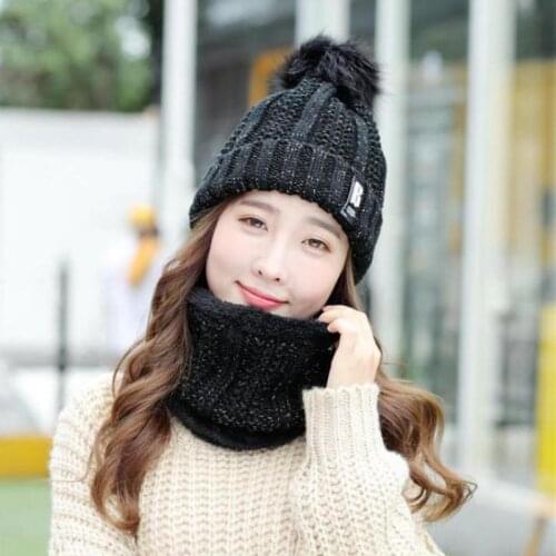Plus Velvet Thick Letters Solid Color Sweet Hat Bib Knitted Hat Ladies Knitted Wool Winter Warm Ear Protection Bib Knitted Hat
