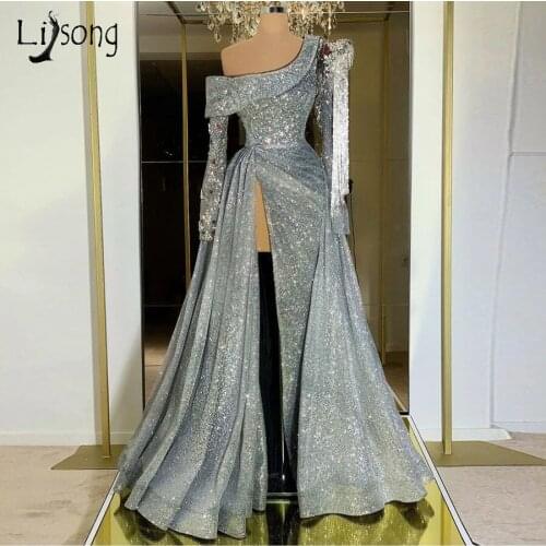 Sparkle Sexy Side Split Mermaid Prom Dresses 2020 Full Sleeves Crystal Beaded Long Prom Gowns With Detachable Train Real Image