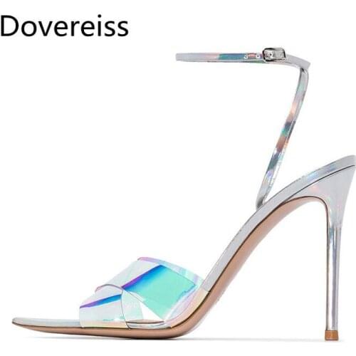 Dovereiss Fashion Womens Shoes summer new PVC Elegant Mature Sexy Buckle Stilettos heels Consice Pointed toe Sandals 34-46