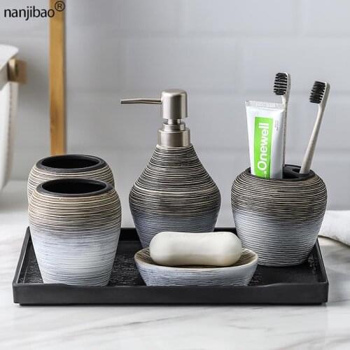 Ceramic Bathroom Toiletries Accessories Storage Sets Toothbrush Holder Soap Dispenser Mouthwash Cup Retro Handmade Decoration