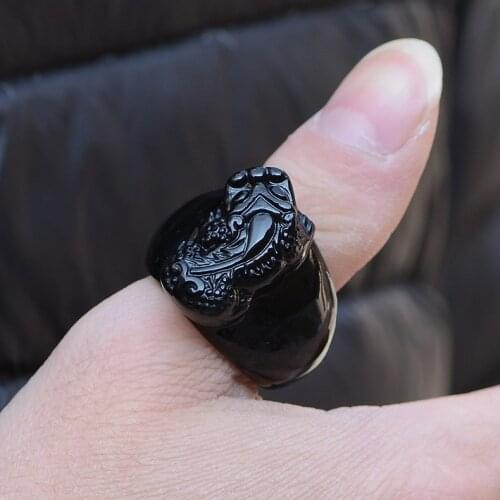 Natural obsidian ring Finger engraving brave troops couple ring men jewelry lucky stone jade finger ring brand