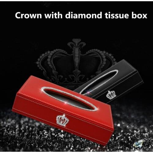 Crown Car Tissue Box square Cover Holder Ladycrystal Rhinestone Artificial Leather Red Block Type Paper Storage Case