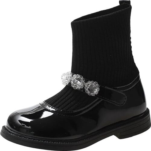 Girls' Leather Shoes 2021 Autumn New Korean Style Childrens Shoes Fashion Rhinestone Socks Princess Shoes School Shoes Fashion