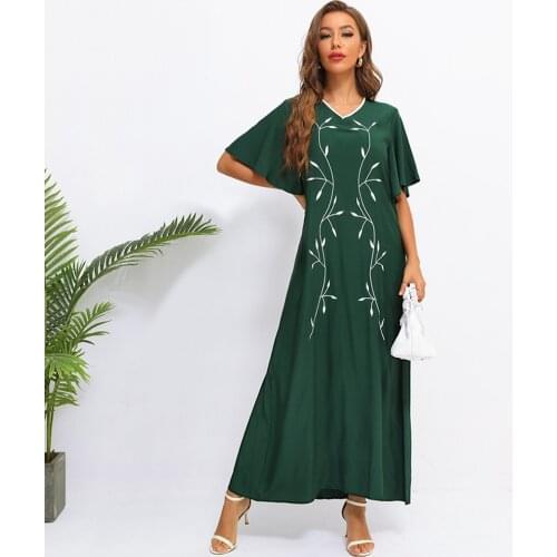 Fridayin Summer Women Fashion V-Neck Loose Comfortable Maxi Dress Casual Floral Embroidery Short Sleeve Vestidos