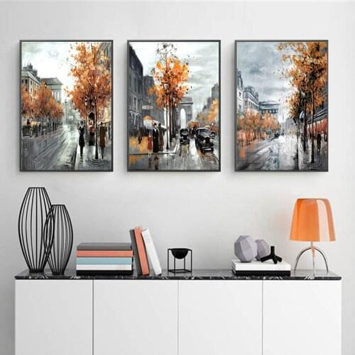 London Street Landscape Poster Orange Abstract Tree Figure Scenery Canvas Oil Painting Wall Art Print Living Room Home Decor