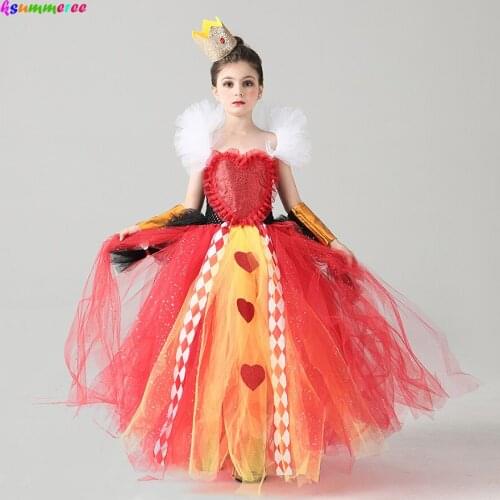 Girl Queen of Hearts Costume Wonderland Fairy Tale Fancy Dress Sparkly Kids Evil Red Queen Tutu Dress Halloween Villain Clothes