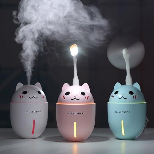 Cute Cat Humidifiers 3 in 1 320ML USB Air Humidifier Ultrasonic Cool-Mist Adorable Pet Mini Humidifier With LED Light USB Fan