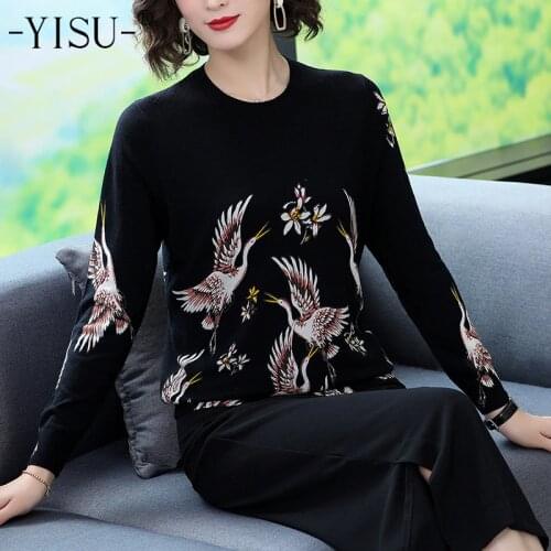YISU Fashion bird Printed sweater women O-Neck Long sleeve Female Jumper Knitted Sweater Casual pullover 2019 autumn pullover