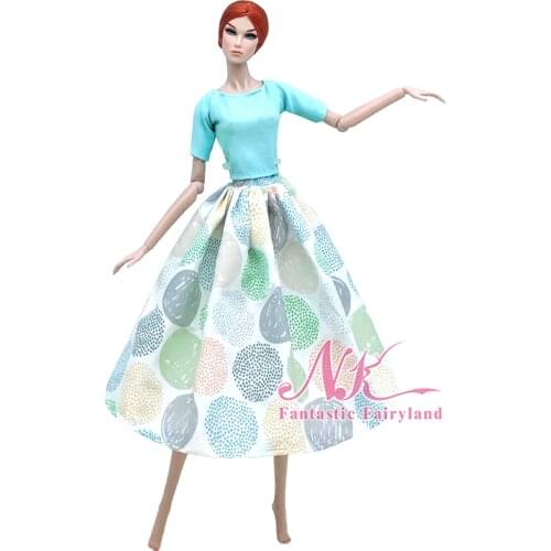 NK 1 Pcs Blue Polka Dress For Barbie Doll Outfits Party Gown Base Blue Shirt & Skirt For 1/6 Dolls Accessories Kids Toys 6X