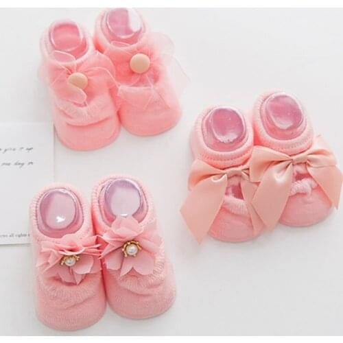 Newborn baby Socks 3 Pairs Lace Thin Hollow Baby No-Show Shoes Girl Cotton Summer Princess Wear Bow Firstwalker
