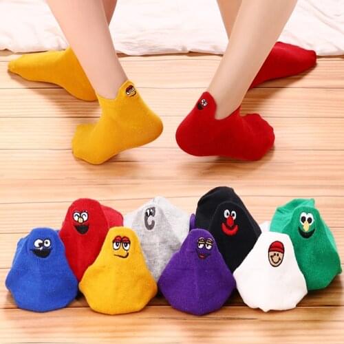 4 Pairs / Bag Kawaii Socks Embroidered Expression Happy Funny Lady Fashion Ankle Socks Summer Cotton Candy Color Lovely
