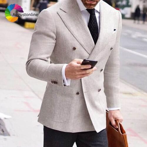 Slim Fit Light Grey Men Suits Classic Business Man Blazer Double Breasted Skinny 2Piece Casual Groom Tuxedo Ternos Costume Homme