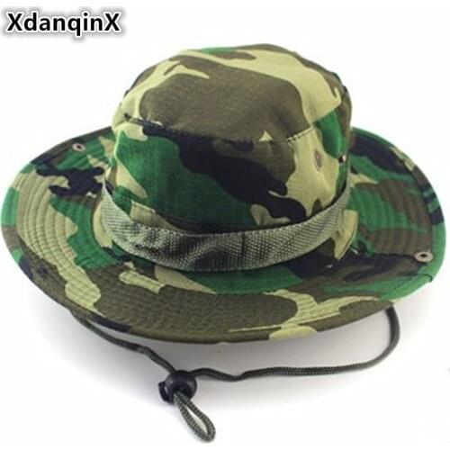 XdanqinX Summer Mens Jungle Camouflage Bucket Hats Fashion Casual Flat Top Sun Hat Rope Fixing Panama Brand Hat Unisex