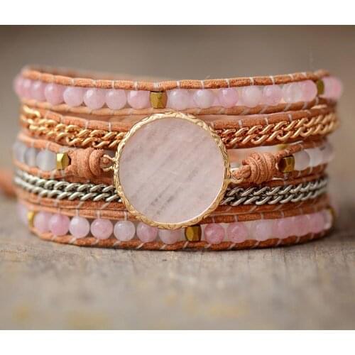 Lovely 5 Rows Leather Wrap Bracelet Spirit Rose Quartz Natural Stone Weaving Statement Bracelet Bohemian Jewelry Bijoux