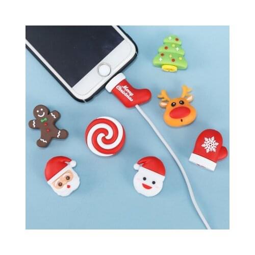 Christmas element gift Cartoon Cute tree hat Usb Charger Cable Bite Protector for Iphone Andriod USB Cable Charger Protector