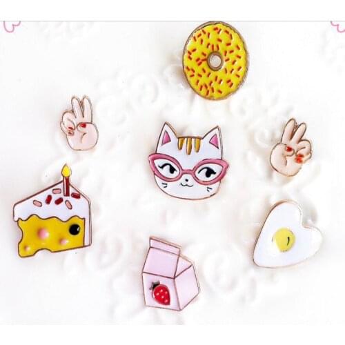 Timlee X130 Cartoon Cat Kitty Doughnut Cake Milk Egg Hands Cute Metal Brooch Pins Button Pins Gift Wholesale