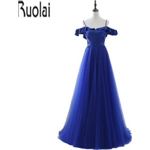 In Stock Royal Blue Custom Made Tulle Boat Neck A Line Floor Length Spaghetti Strap Formal Evening Dresses For Wedding Party