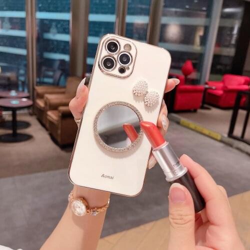 Cute Kitty Mirror Case for iPhone 11 12 Pro Max Luxury Glitter Diamond Pearl Bowknot Plated Silicon Cover for iPhone X XR 7 8